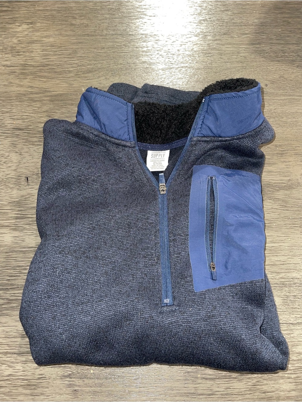 Mens Sz XL London Fog Supply 1/4 Zip Sweater Pullover Navy and Blue Knit‎ Fleece
